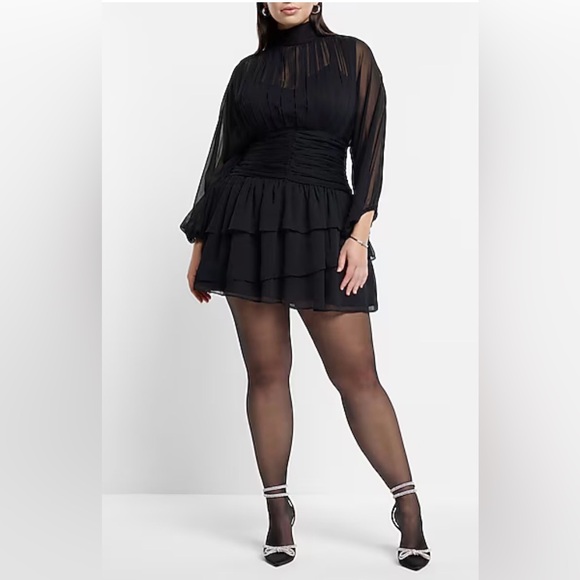 Express Dresses & Skirts - EXPRESS Mock Neck Long Sleeve Pleated Waist Tiered Ruffle Mini Dress SIZE 16 NWT